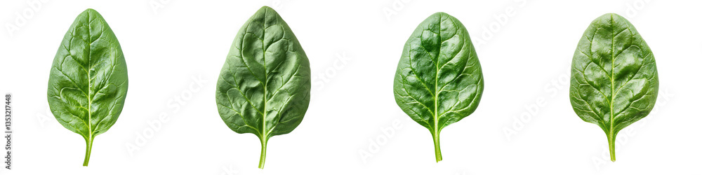 Fototapeta premium Four vivid green spinach leaves show detailed vein patterns and fresh textures