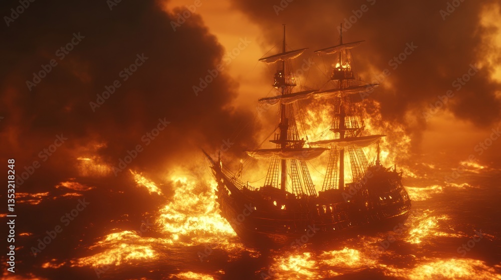 Fototapeta premium Fiery Pirate Shipwreck at Sea