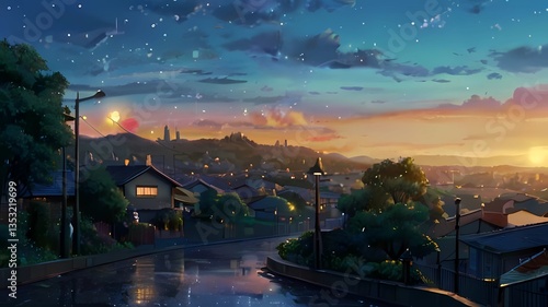 ゲーム背景　雨上りの夕暮れ坂道と街の全景を見下ろす風景