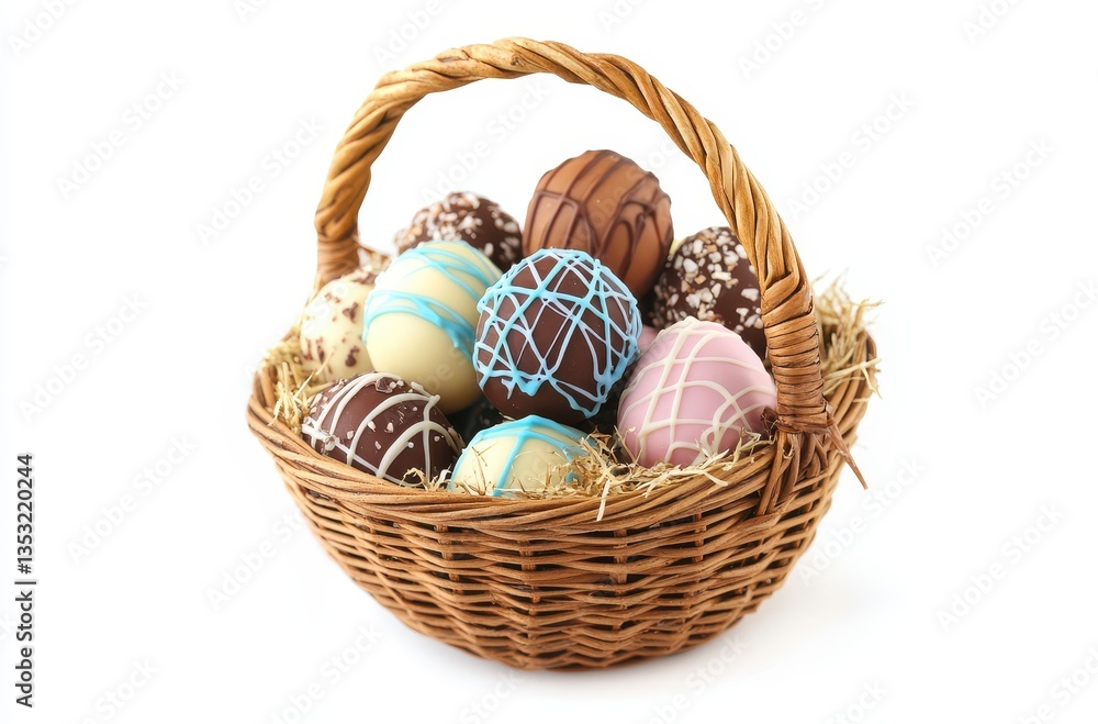 A Colorful Basket of Various Chocolate Eggs with Decorative Drizzles for Easter Celebrations and Festive Gatherings in a Bright Secluded Setting A Colorful Basket of Various Chocolate Eggs with Decorative Drizzles for Easter Celebrations and Festive Gatherings in a Bright Secluded Setting