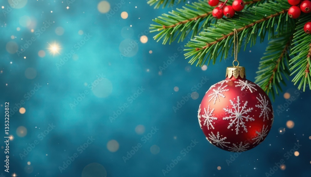 Ornament with snowflakes, holly and red berries hanging on blue background, gift decoration, Christmas Ornament with snowflakes, holly and red berries hanging on blue background, gift decoration, Christmas