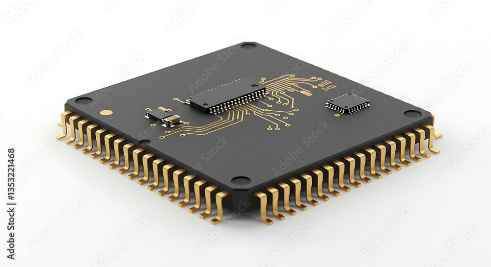 Rendering of Modern Microchip with Gold Pins on Clean White Background Rendering of Modern Microchip with Gold Pins on Clean White Background
