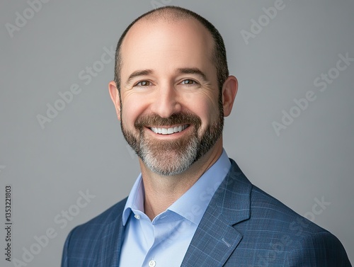 Attractive male tech company CEO with short beard and bald head, wearing navy suit jacket over light - colored shirt, smiling against blue background. High - resolution headshot.