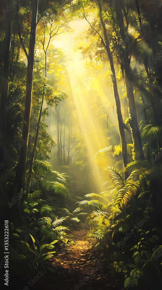 Obraz premium Sunlight path through misty forest