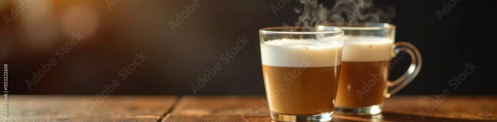 Two steaming glasses of latte with frothy milk tops, liquid, glass, beverage Two steaming glasses of latte with frothy milk tops, liquid, glass, beverage
