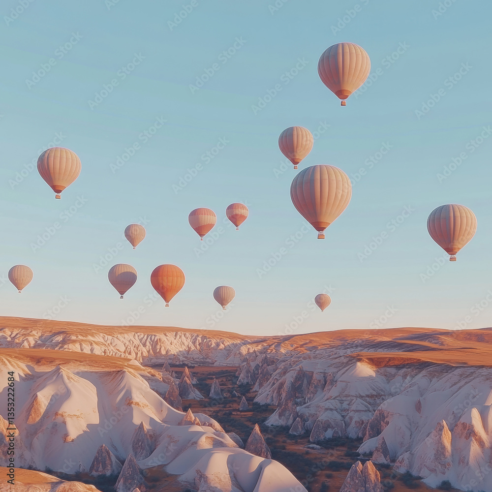 Obraz premium multicolored Hot-air balloons in Cappadocia all over horizon, panoramic view, traveling concept