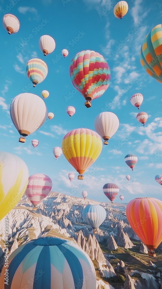 Fototapeta premium multicolored Hot-air balloons in Cappadocia all over horizon, panoramic view, traveling concept