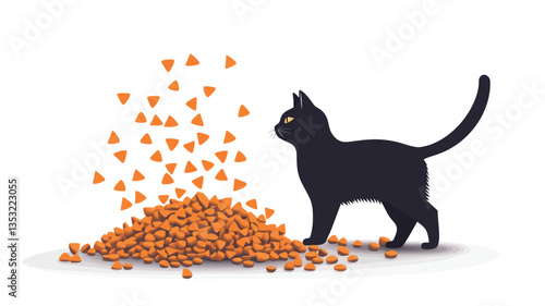 A digital illustration depicting a black cat silhouette standing next to a large pile of orange cat food kibble.  Some kibble is airborne, creating a sense of movement and scattering. The