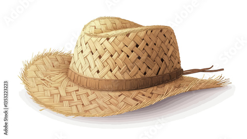 Close-up shot of a light brown straw cowboy hat against a pure white background. The hat is woven with a visible pattern.  A brown band is visible around the crown. The hat shows slight