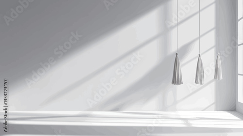 The image shows a minimalist interior space featuring a white wall and floor.  Three conical pendant lights hang near a window, casting strong shadows on the wall from the sunlight entering from