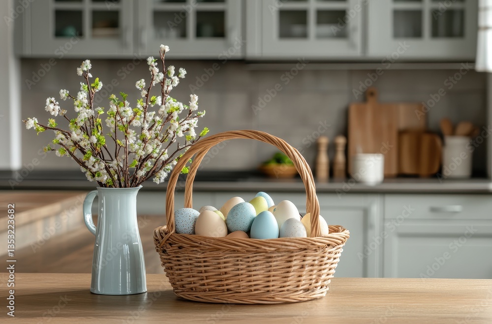 Obraz premium Beautiful Easter eggs in a woven basket next to a vase with blooming branches on a kitchen table with a modern design and soft natural light