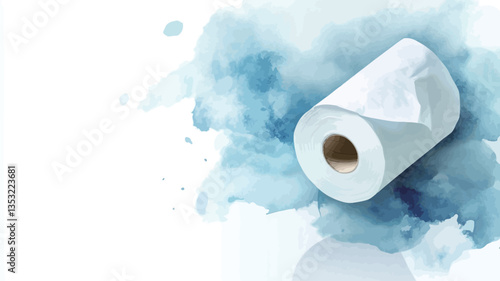 A digital illustration depicting a roll of white paper towels positioned on a white background with a blue watercolor wash behind it. The watercolor wash features soft, diffused blue splotches and