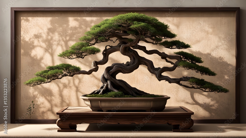 A meticulously crafted bonsai tree, displayed a wooden stand against a beige backdrop, casts artistic shadows. A meticulously crafted bonsai tree, displayed a wooden stand against a beige backdrop, casts artistic shadows.