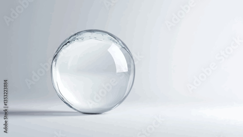 A close-up shot of a large, transparent sphere resting on a white surface. The sphere appears to be made of glass or a similar material, showing a slight reflection of light.  A subtle shadow is