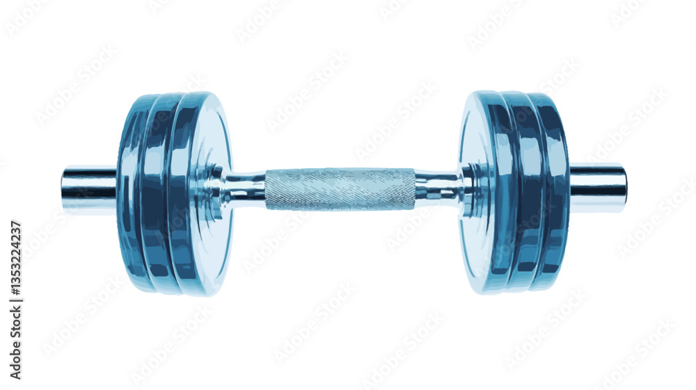 Obraz premium A studio shot of a chrome dumbbell against a white background. The dumbbell features a textured grip and multiple weight plates on each end. The image is well-lit, highlighting the metallic sheen