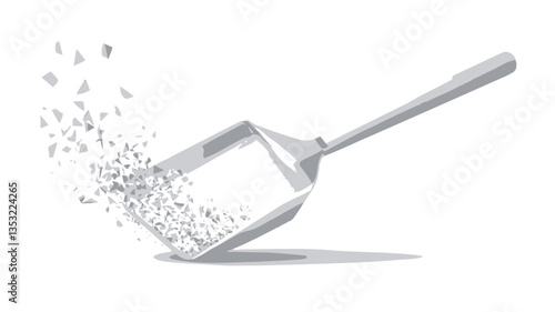 The image shows a stylized, three-dimensional rendering of a white or light gray scoop or shovel with a long handle. The scoop is depicted at a slight angle, tilted downwards. Small, numerous, gray
