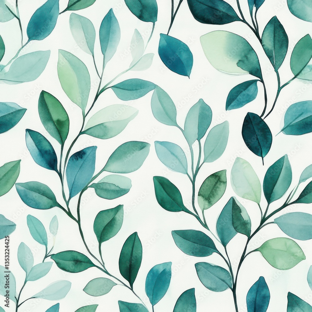 Watercolor painting of blue and green leaves on white background Watercolor painting of blue and green leaves on white background