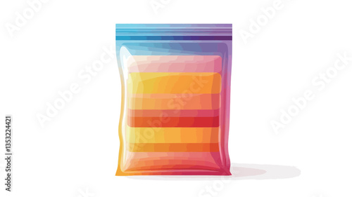 A studio shot of a vertically oriented, rectangular ziplock bag against a white background. The bag is transparent and displays a vibrant horizontal gradient pattern in shades of orange, yellow,