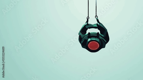 The image shows a dark green, geometrically shaped object suspended from two thin, dark straps against a light teal background. The object has a central red circle. The overall style is minimalist