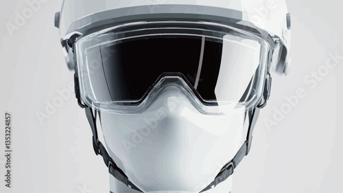 Close-up shot of a white protective helmet with integrated goggles. The helmet is smooth and featureless, with a clear visor obscuring the face. The background is a neutral, light gray. The image