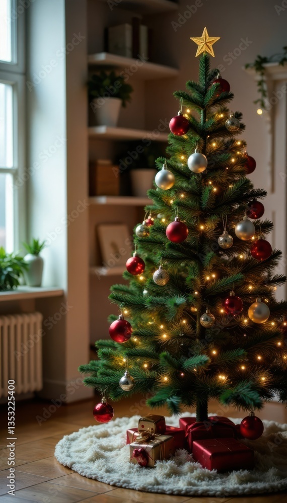 Decorated evergreen tree with ornaments in a cozy room, interior design, ornaments Decorated evergreen tree with ornaments in a cozy room, interior design, ornaments