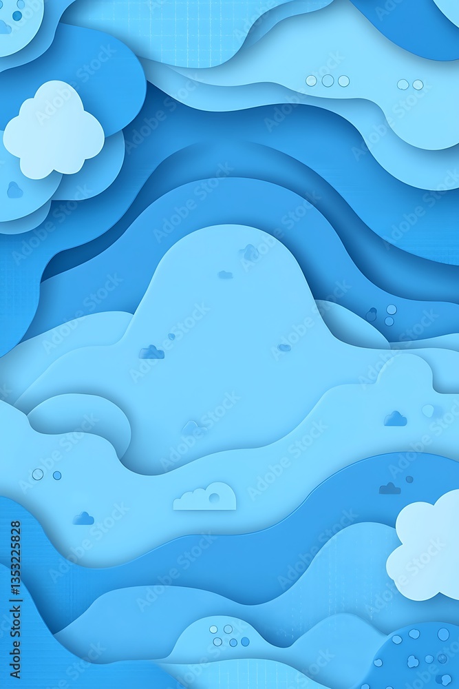 Blue layered illustration features clouds and flowing abstract shapes Blue layered illustration features clouds and flowing abstract shapes