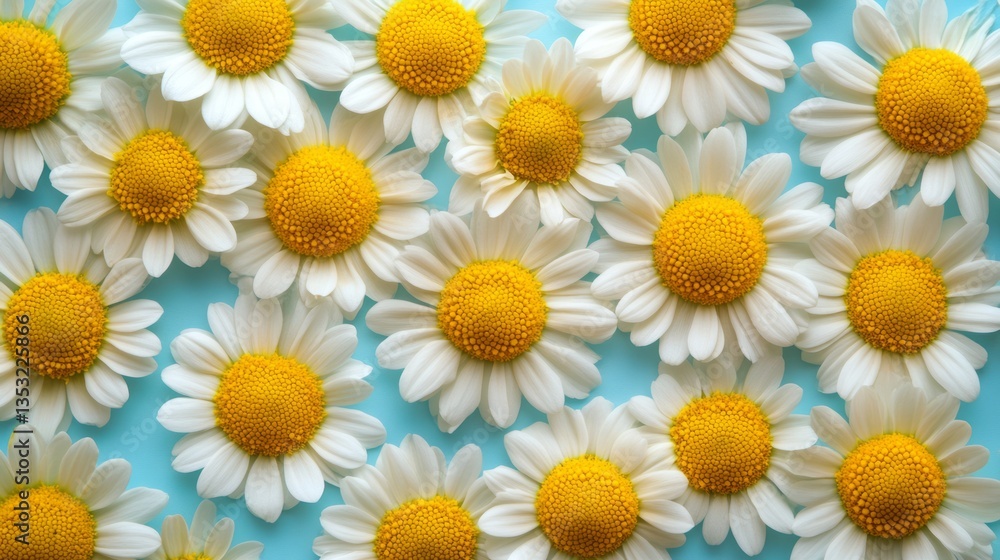 Fototapeta premium Close up of beautiful daisies spread across a light blue surface