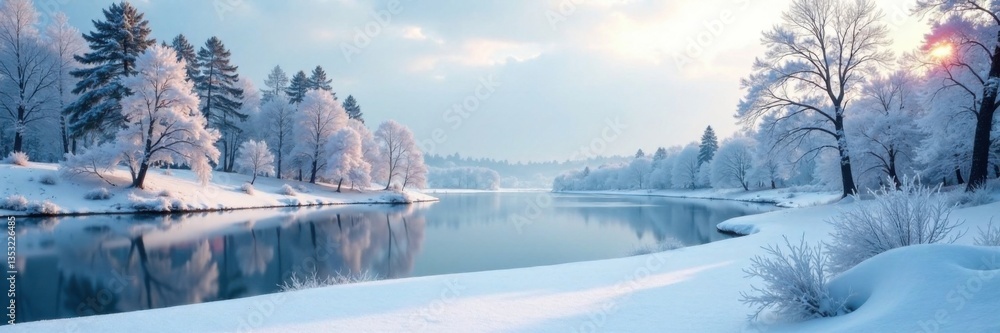 Frosty landscape with snow-covered trees and frozen lake, winter wonderland, frosty morning, snowy forest Frosty landscape with snow-covered trees and frozen lake, winter wonderland, frosty morning, snowy forest