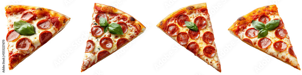 Pepperoni pizza slices with melted cheese savory sauce crusty base and basil topping Pepperoni pizza slices with melted cheese savory sauce crusty base and basil topping
