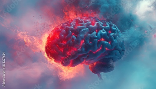 Burning brain in fiery smoky clouds