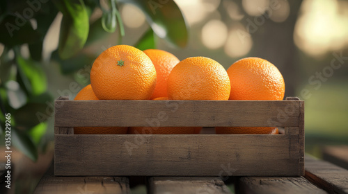 orange fruits in wooden crate, orange farm background, sunset