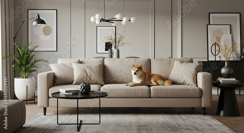 Shiba Inu Dog Relaxing on Beige Sofa in Modern Living Room