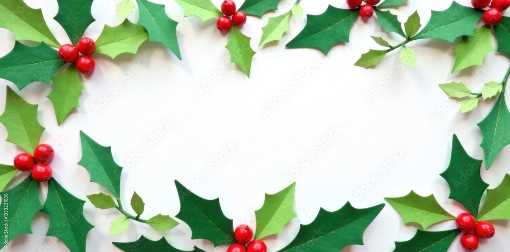 Naklejka premium Colorful paper cutout festive holly leaves and berries on white background , evergreen, icons, decoration