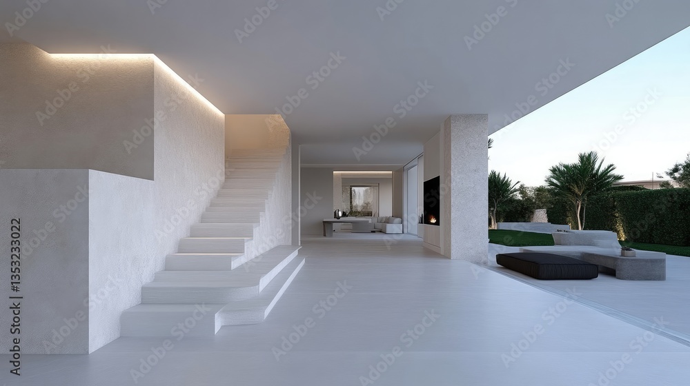 Modern open-plan home interior with a minimalist aesthetic featuring a staircase, outdoor patio view, and natural light Modern open-plan home interior with a minimalist aesthetic featuring a staircase, outdoor patio view, and natural light