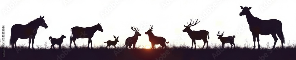 Fototapeta premium Farm Animals in Silhouette on White Background, countryside, silhouette