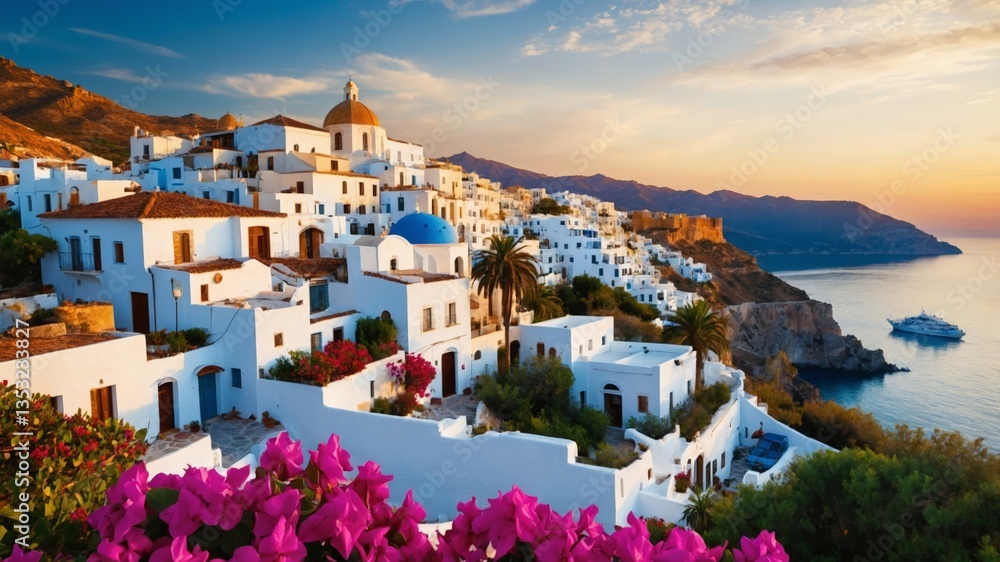 Fototapeta premium Charming coastal town in Greece featuring white architecture at sunset