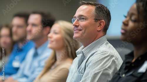 A group of employees attending a training session led by a human resources professional.