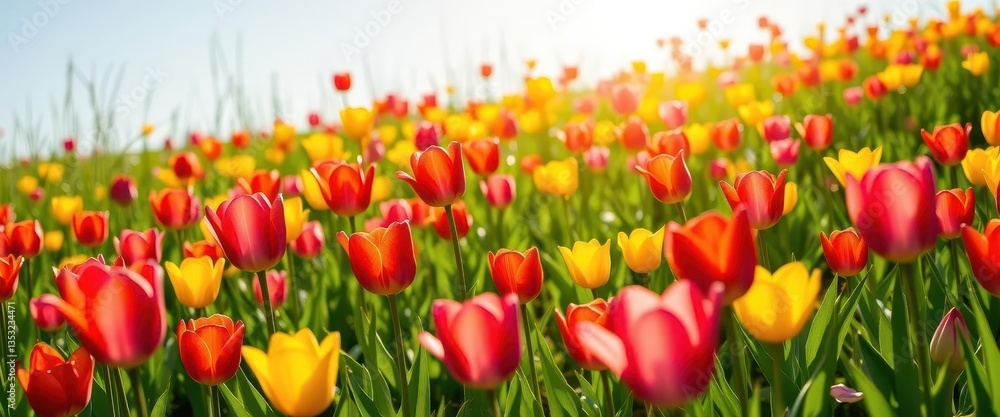 Fototapeta premium Vibrant tulips bloom in a sun-drenched spring meadow, Easter backdrop, bloom, seasonal, macro