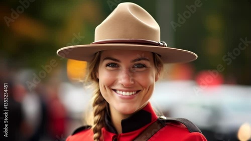Beautiful smiling young female Canadian mounty looking at the camera