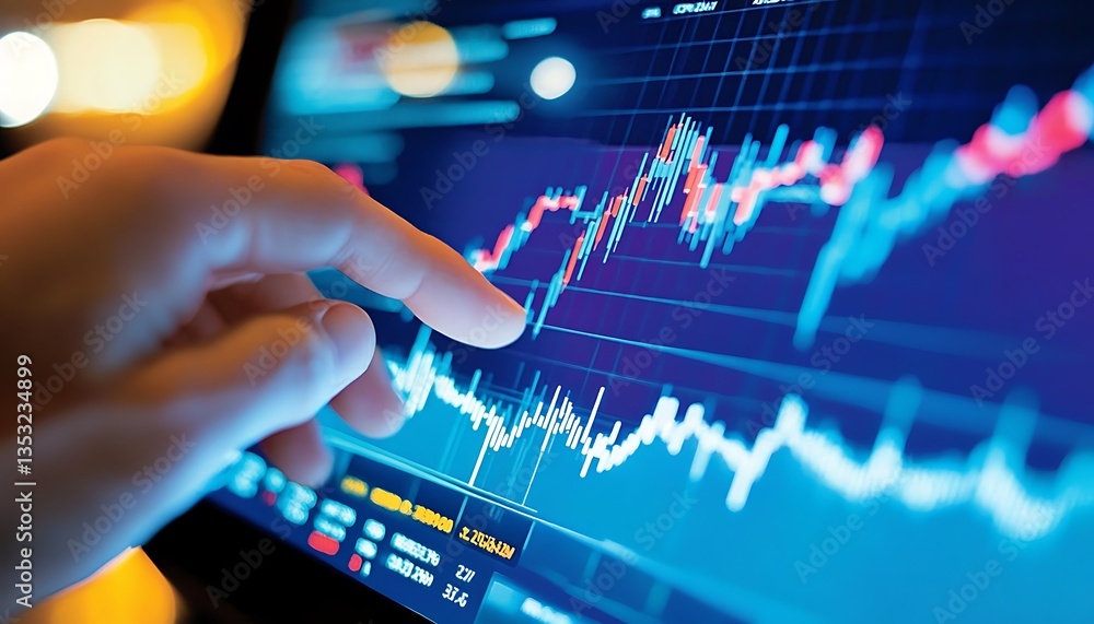 A finger pointing at a financial chart on a blue screen A finger pointing at a financial chart on a blue screen