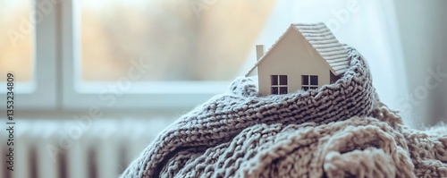 A house model snugly wrapped in a scarf next to a radiator, creating a cozy environment on a chilly winter day, perfect for energy conservation themes