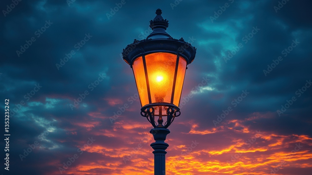 Illuminated Elegance: A Glowing Street Lamp Against a Vibrant Sunset Sky Illuminated Elegance: A Glowing Street Lamp Against a Vibrant Sunset Sky