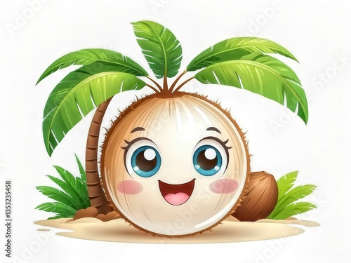 Kawaii coconut character – smiling cartoon on beach with palm leaves. 