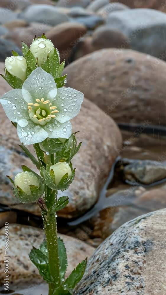 Delicate white flower with dew drops thriving near smooth river stones during gentle rainfall Delicate white flower with dew drops thriving near smooth river stones during gentle rainfall