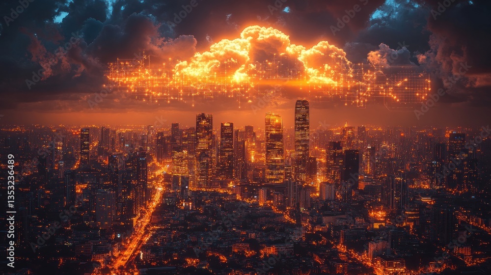Obraz premium Fiery cloud above illuminated cityscape at night.