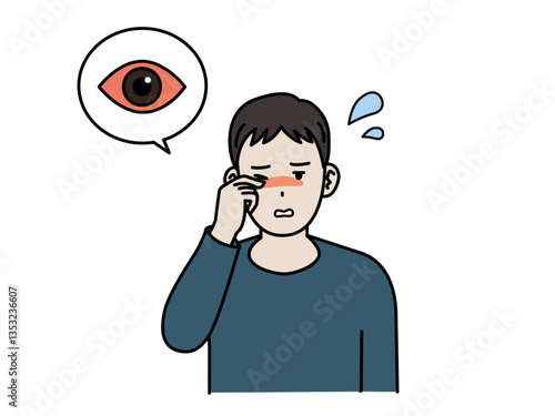 目の痒み　目が充血する若い男性のイラスト