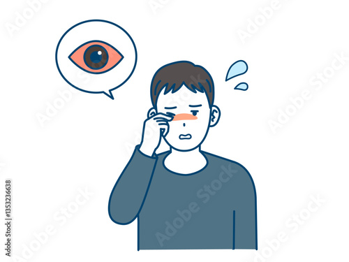 目の痒み　目が充血する若い男性のイラスト