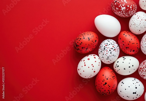 Colorful Decorative Eggs with Unique Patterns on a Vibrant Red Background for Spring Celebrations and Seasonal Decor