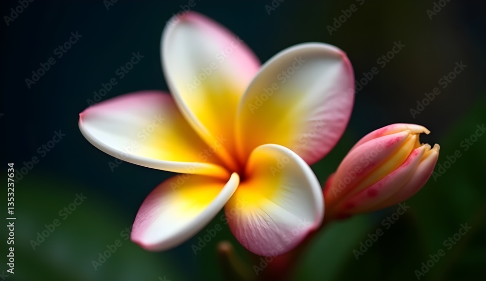 Fototapeta premium Tropical Plumeria Blossom in Full Bloom with Soft Lighting and Rich Colors