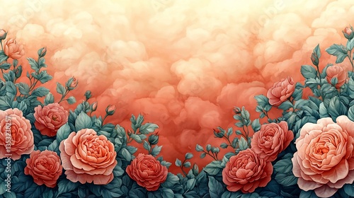 Peach and coral roses border on a hazy background.